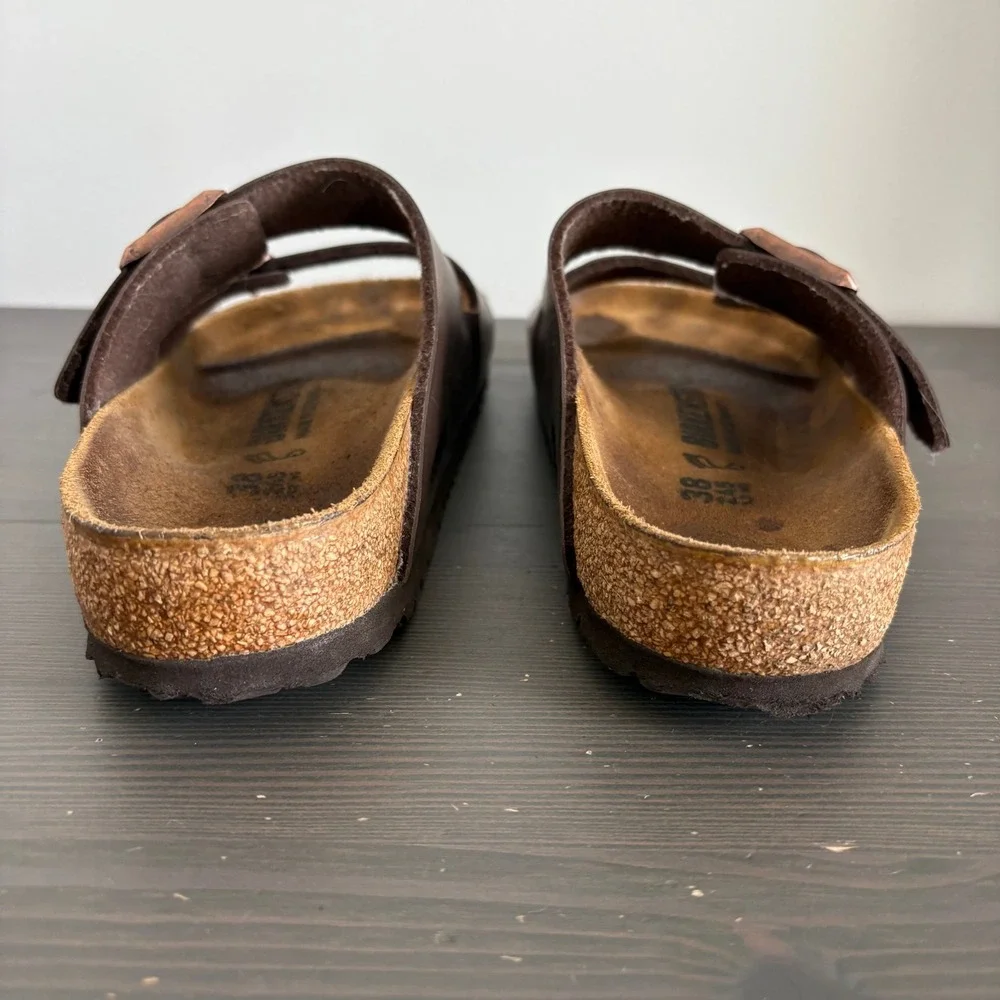 Birkenstock Sandals Arizona 38 Dark Brown Birko-Flor Two Strap Slide Comfort